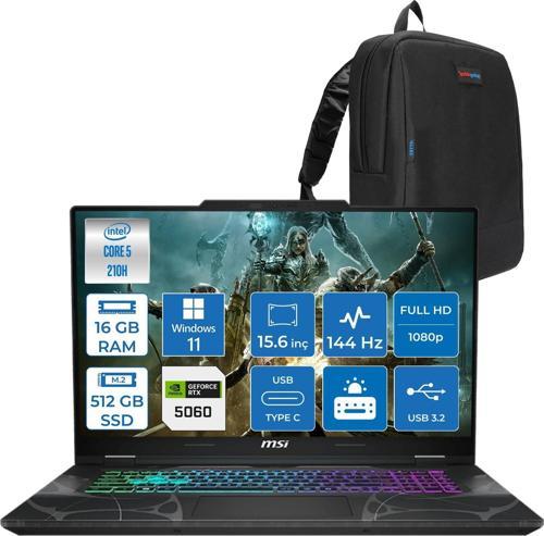 Cyborg 15 Intel Core 5 210H 16GB Ddr5 512GB SSD RTX5060 Gddr7 8gb Windows 11 Home 15.6" Fhd (1920X1080) 144HZ Taşınabilir Bilgisayar B2RWFKG207XTRH02 + Zetta Çanta