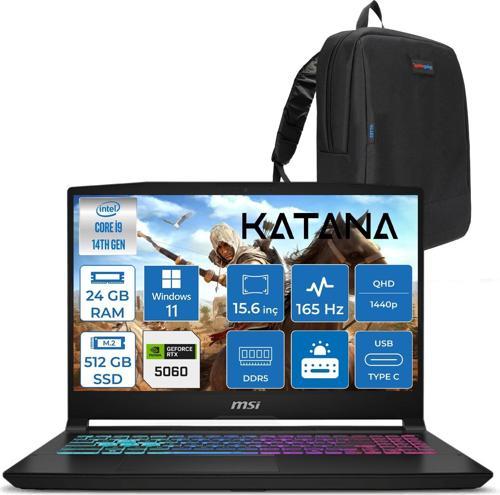 Katana 15 Hx Intel Core I9 14900HX 24GB Ddr5 512GB SSD Windows 11 Pro RTX5060 8gb 115W 15.6" 2k QHD(2560X1440) 165Hz Taşınabilir Bilgisayar B14WFK450XTRP09 + Zetta Çanta