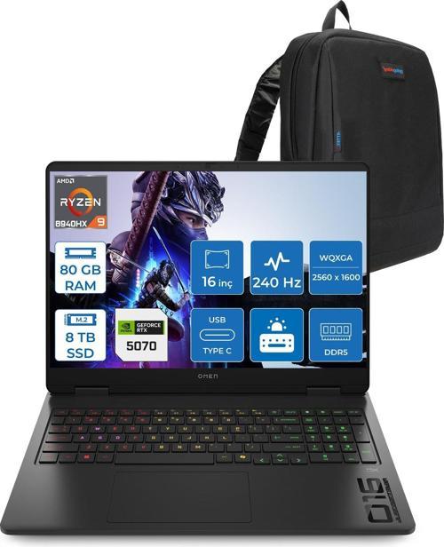 Omen 16-AP0014NT Amd Ryzen 9 8940HX 80GB Ddr5 8tb SSD RTX5070 8gb Gddr7 16 Inç Wqxga (2560 x 1600) 240Hz 500NITS IPS Freedos Taşınabilir Bilgisayar C12CJEAF42 + Zetta Çanta