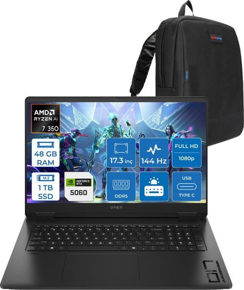 Omen 17-DB1015NT Amd Ryzen Aı 7 350 48GB Ddr5 1tb SSD RTX5060 8gb Gddr7 17.3 Inç Fullhd (1920 x 1080) 144Hz 7ms 300NITS IPS Freedos Taşınabilir Bilgisayar C2EZ5EAF26 + Zetta Çanta
