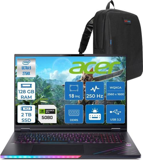 Predator PH18-73 Intel Core Ultra 9 275HX 128GB 2tb Freedos 16GB RTX5080 18'' WQXGA(2560 x 1600) IPS 250HZ Taşınabilir Bilgisayar NHQVZEY001F33 + Zetta Çanta