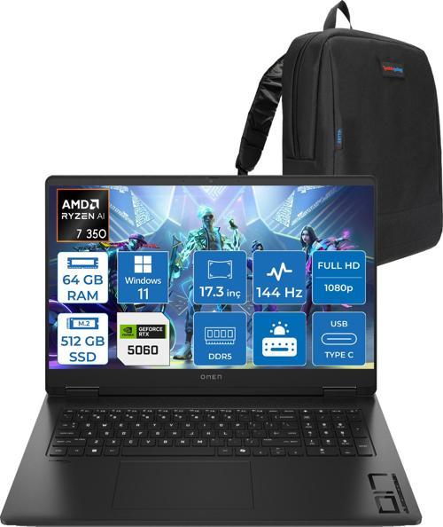 Omen 17-DB1015NT Amd Ryzen Aı 7 350 64GB Ddr5 512GB SSD RTX5060 8gb Gddr7 17.3 Inç Fullhd (1920 x 1080) 144Hz 7ms 300NITS IPS Windows 11 Home Taşınabilir Bilgisayar C2EZ5EAH31 + Zetta Çanta