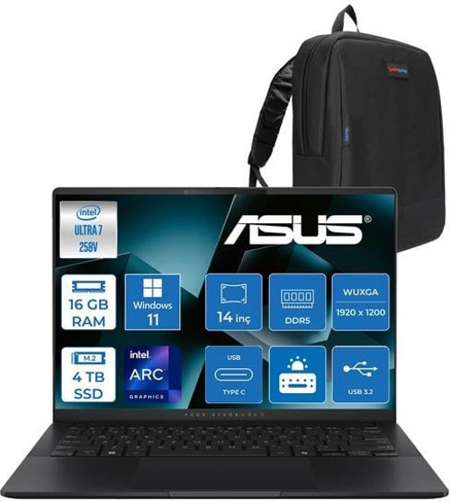 Vivobook S14 Intel Core Ultra 7 258V 32GB Ddr5 4tb SSD Intel Arc Graphics WIN11PRO 14" Wuxga OLED 600NITS Taşınabilir Bilgisayar S5406SAP04 + Zettaçanta