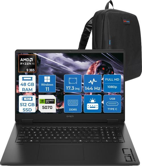 Omen 17-DB1003NT Amd Ryzen Aı 9 365 48GB Ddr5 512GB SSD RTX5070 8gb Gddr7 17.3 Inç Fullhd (1920 x 1080) 144Hz 7ms 300NITS IPS Windows 11 Home Taşınabilir Bilgisayar C67G1EAH25 + Zetta Çanta