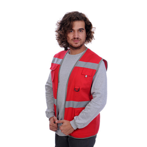 İşçi Çok Cepli Reflektörlü Alet Yeleği Kırmızı / Gri
