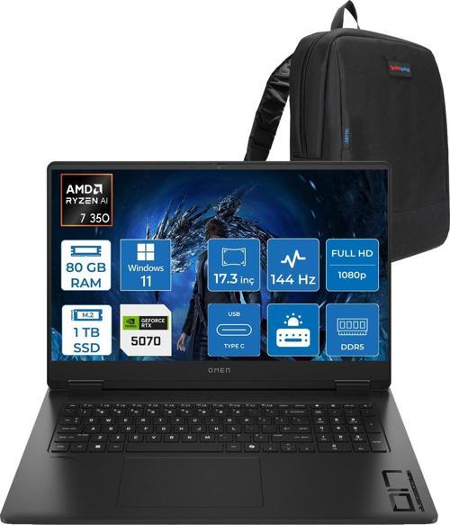 Omen 17-DB1005NT Amd Ryzen Aı 7 350 80GB Ddr5 1tb SSD RTX5070 8gb Gddr7 17.3 Inç Fullhd (1920 x 1080) 144Hz 7ms 300NITS IPS Windows 11 Pro Taşınabilir Bilgisayar C67G2EAP38 + Zetta Çanta