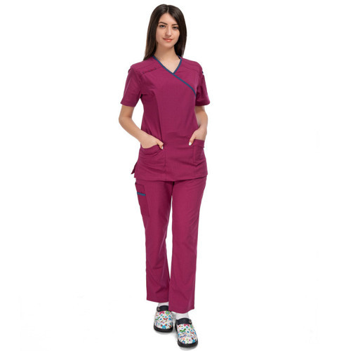 Kadın SPA Hemşire Scrubs Takım Likralı Terry Cotton Fuşya-İndigo Biyeli