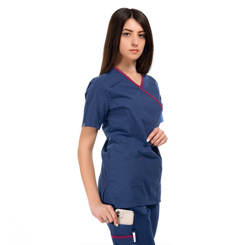 Kadın SPA Hemşire Scrubs Takım Likralı Terry Cotton İndigo-Fuşya Biyeli