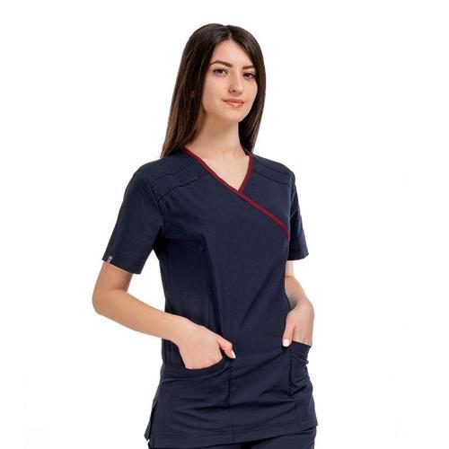 Kadın SPA Hemşire Scrubs Takım Likralı Terry Cotton Lacivert-Bordo Biyeli