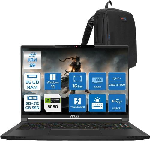 Stealth 16 Aı A2HWFG-062TR Intel Core Ultra 9-285H Aı 96GB 512GB SSD+512GB SSD 8GB/RTX5060 95W 16″ 16:10 Qhd+ (2560 x 1600) Oled, 240hz WINDOWS11PRO Gaming Laptop Z062TRP42+ZETTAÇANTA