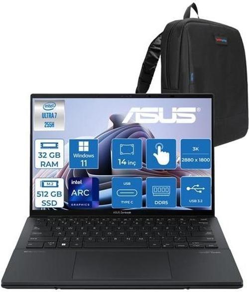 Zenbook Duo Intel Core Ultra 7 255H 32GB Ddr5 512GB SSD Intel Arc Graphics WIN11PRO 14" 3k OLED 120Hz 500NITS Dokunmatik Taşınabilir Bilgisayar UX8406CAP01 + Zettaçanta