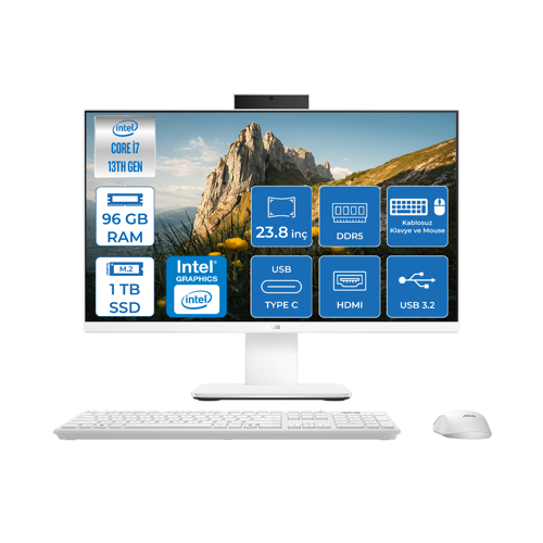 V440VAK Intel Core İ7-13620H 96GB Ddr5 1tb SSD 23.8" Fhd 100HZ 250NITS Freedos Beyaz Allınone Bilgisayar BI716512W0DF38+ZETTAUSBBELLEK