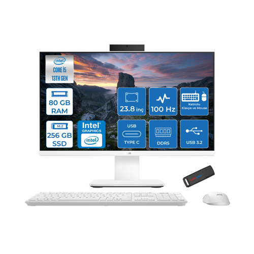 V440VAK Intel Core İ5-13420H 80GB Ddr5 256GB SSD 23.8" Fhd 100HZ 250NITS Freedos Beyaz Allınone Bilgisayar BSI58512W0DF31+ZETTAUSBBELLEK