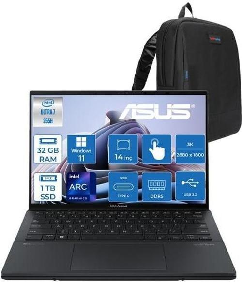 Zenbook Duo Intel Core Ultra 7 255H 32GB Ddr5 1tb SSD Intel Arc Graphics WIN11PRO 14" 3k OLED 120Hz 500NITS Dokunmatik Taşınabilir Bilgisayar UX8406CAP02 + Zettaçanta