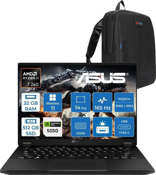 Tuf Gaming A14 FA401UH Amd Aı Ryzen 7 260 32GB Ddr5  512GB SSD 8GB/RTX5050 115W 14-Inch, 165Hz 2.5k (2560 x 1600, 400NITS Wqxga WIN11HOME Gaming Laptop ZRG02H02+ZETTAÇANTA