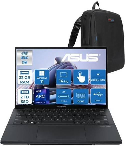 Zenbook Duo Intel Core Ultra 7 255H 32GB Ddr5 2tb SSD Intel Arc Graphics WIN11PRO 14" 3k OLED 120Hz 500NITS Dokunmatik Taşınabilir Bilgisayar UX8406CAP03 + Zettaçanta