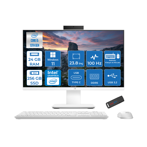 V440VAK Intel Core İ5-13420H 24GB Ddr5 256GB SSD 23.8" Fhd 100HZ 250NITS WIN11PROBEYAZ Allınone Bilgisayar BSI58512W0DP06+ZETTAUSBBELLEK