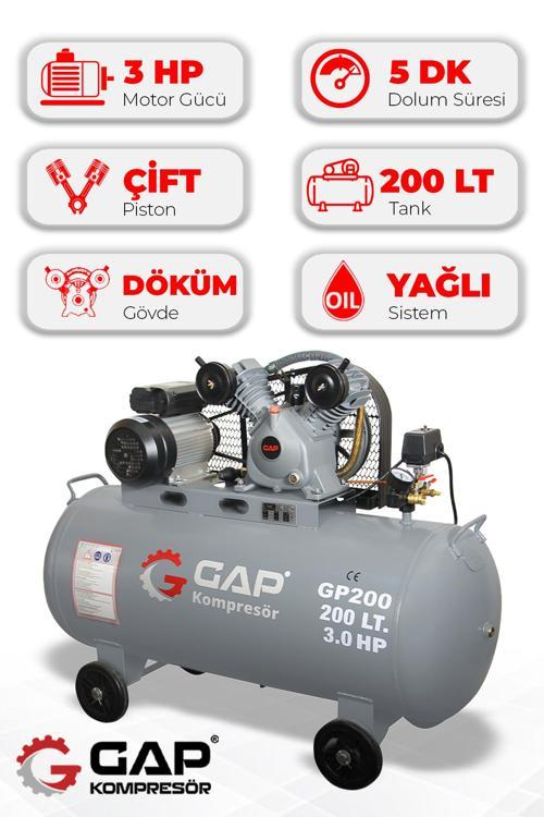 Hava Kompresörü Pistonlu 200 Lt 2 Kafa 8 Bar Gp200