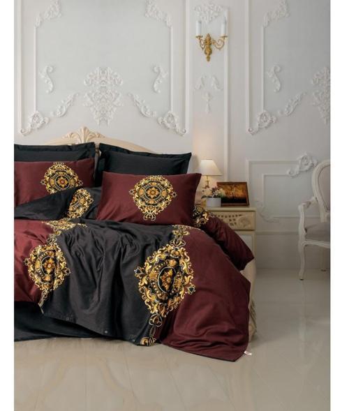 Palace Saray Modeli Pamuk Saten Çift Kişilik Nevresim Takımı-Ebren Antrasit (4 Yastıklı)