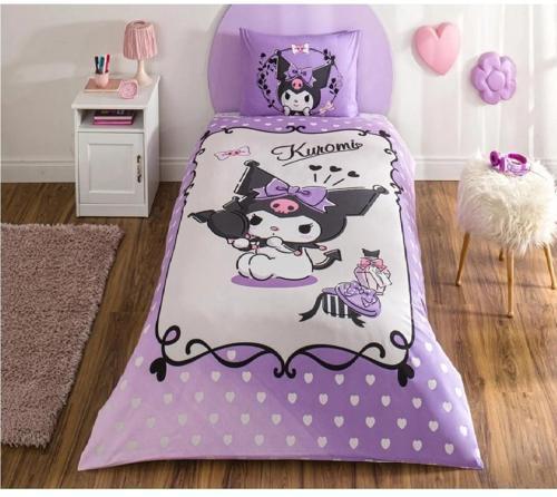 Taç Kuromi Lisanslı Ranforce Çarşafı Lastikli Tek Kişilik Nevresim Takımı-Lila Beyaz