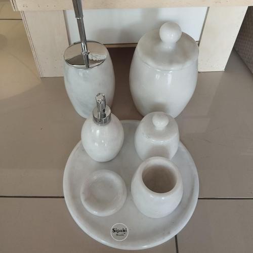  Afyon Beyaz Mermer Krom Aparatlı Şehzade Başlı 7'li Banyo Seti