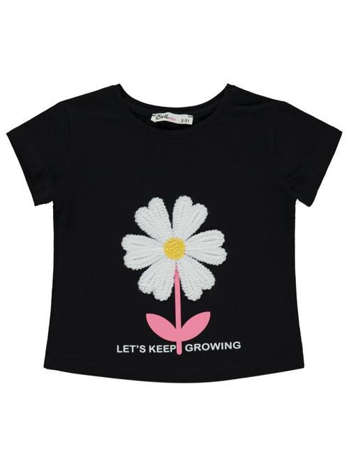 Mobil Çiçek Nakışlı 2-5 Yaş Tişört - Siyah3-4 Yaş