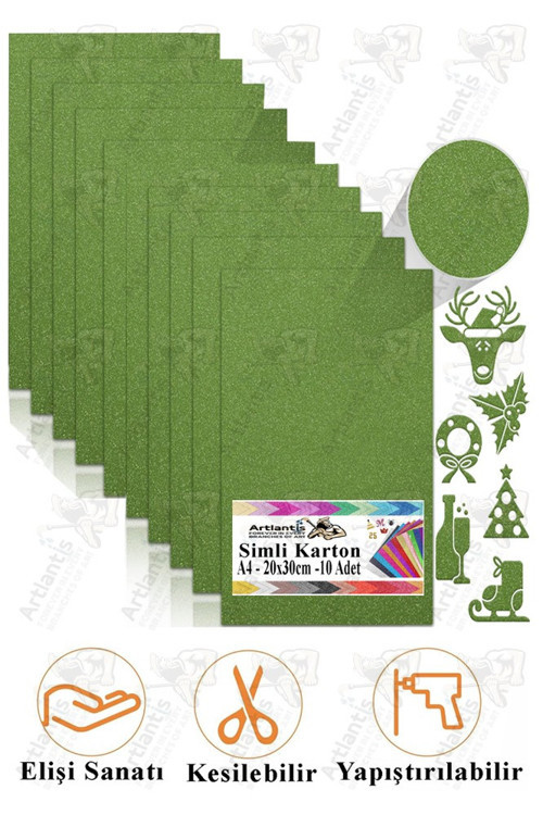 Yeşil Simli Karton A4 20x30 cm 10 lu 1 Paket Simli Fon Kartonu Parıltılı Kağıt Anasınıfı Kreş Etkinlik Proje