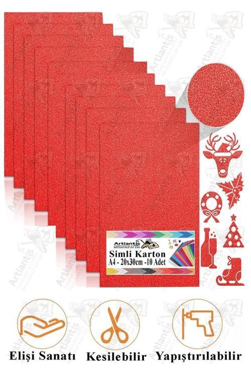 Kırmızı Simli Karton A4 20x30 cm 10 lu 1 Paket Simli Fon Kartonu Parıltılı Kağıt Anasınıfı Kreş Etkinlik Proje