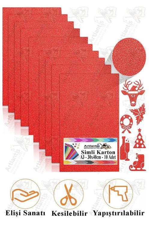 Kırmızı Simli Karton A3 30x40 cm 10 lu 1 Paket Simli Fon Kartonu Parıltılı Kağıt Anasınıfı Kreş Etkinlik Proje