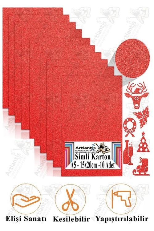 Kırmızı Simli Karton A5 15x20 cm 10 lu 1 Paket Simli Fon Kartonu Parıltılı Kağıt Anasınıfı Kreş Etkinlik Proje