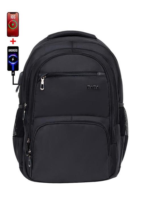 Çok Bölmeli Siyah Okul Sırt Çantası Yandan Cepli Usb Soket 15,6 İnç Laptop Bölmesi Su Geçirmez Kumaş