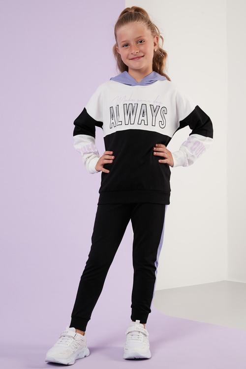 Baskılı Kapüşonlu Cepli % 100 Pamuk Kız Çocuk Takım 59210415 LİLA
