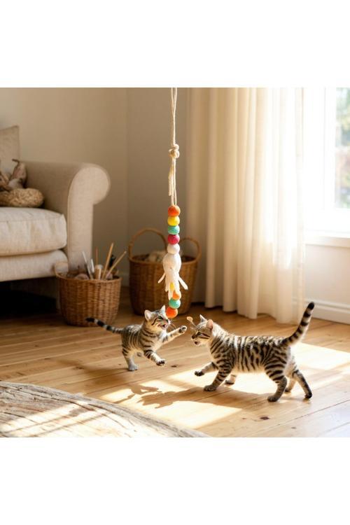 Elastik Kendinden Yapışkanlı Renkli Kedi Oyun Oltası Kedi Oyuncağı Çanlı Olta Eğitim Oyuncağı
