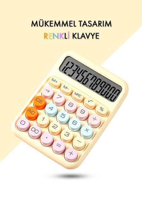 Renkli Hesap Makinesi - 12 Haneli Yuvarlak Tuşlu Sarı Renk Hesap Makinesi - 4 Fonksiyonlu