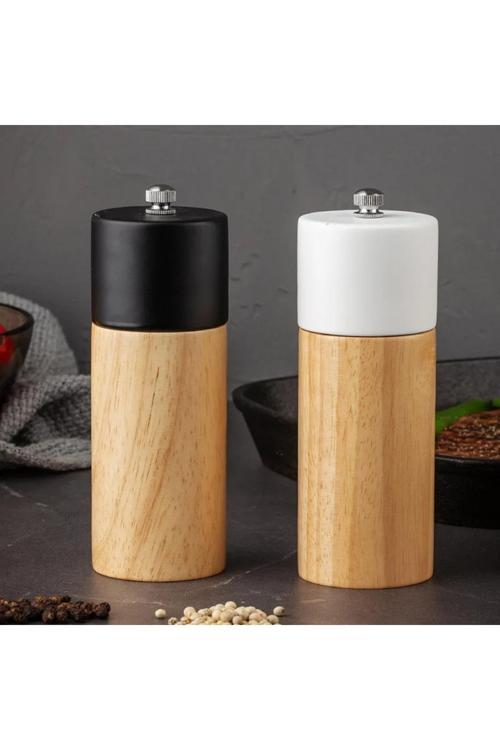 Ahşap Baharat Karabiber Tuz Öğütücü Değirmen Tuzluk Baharatlık 16 Cm 2'li Set Meşe Ağacı