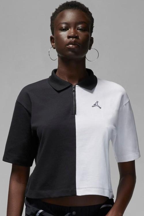Jordan Flight Loose Fit 1/4 Zip T-shirt Kadın 1/4 Fermuar Gömlek Yakalı Bol Kalıp Kısa Tişört Siyah Beyaz