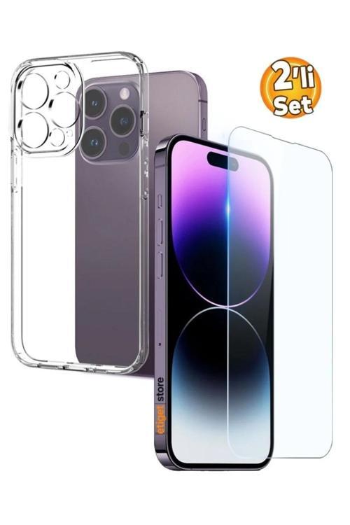 iPhone 14 Pro Şeffaf Silikon Kılıf + Cam Ekran Koruyucu Seti