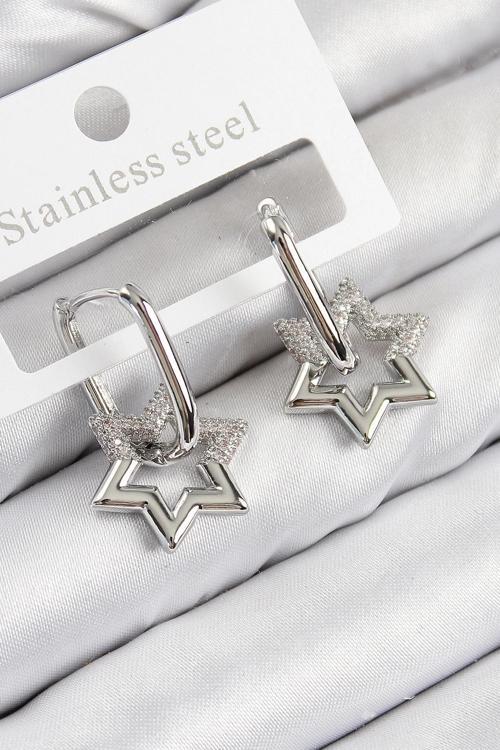 Pirinç Zirkon Taşlı Yıldız Model Gümüş Renk Kadın Küpe