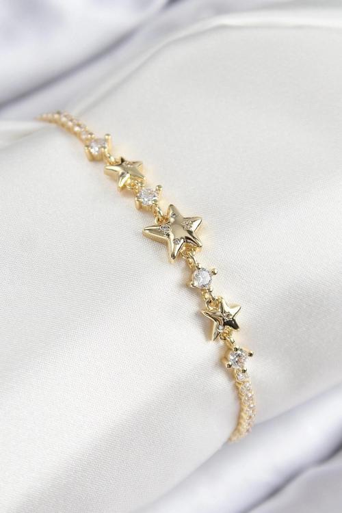 Pirinç Zirkon Taşlı Yıldız Model Gold Renk Kadın Bileklik
