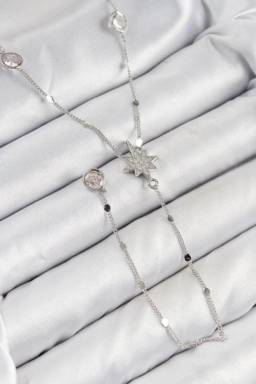 Pirinç Zirkon Taşlı Kutup Yıldızı Model Gümüş Renk Y Kolye