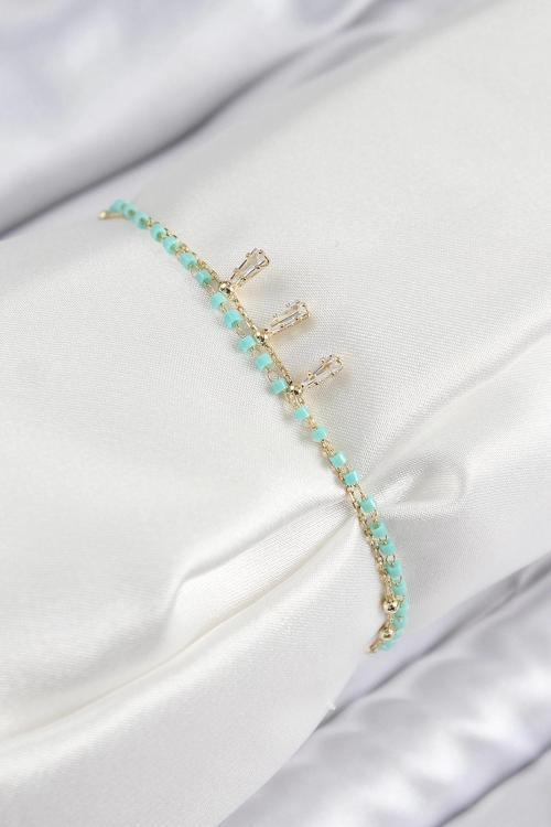 Pirinç Zirkon Taşlı Mavi Boncuklu Model Gold Renk Kadın Bileklik