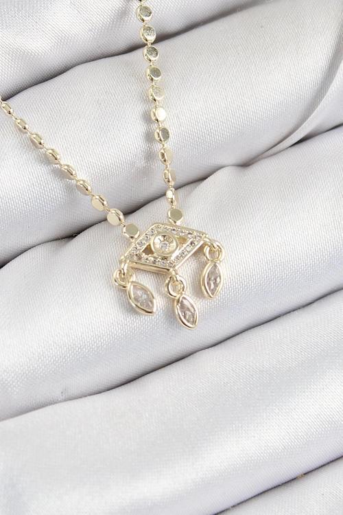 Pirinç Zirkon Taşlı Sallantılı Göz Model Ezme Zincir Gold Renk Kadın Kolye