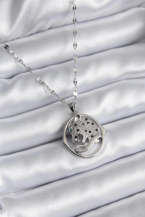 316L Çelik Gümüş Renk Zirkon Taşlı Jaguar Model Kadın Kolye