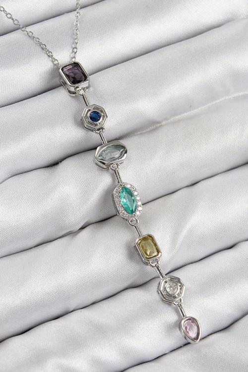 Pirinç Renkli Zirkon Taşlı Model Gümüş Renk 7 Element Kadın Y Kolye