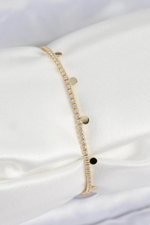 Pirinç Zirkon Taşlı Ezme Zincirli Sıralı Model Gold Renk Kadın Bilekilk