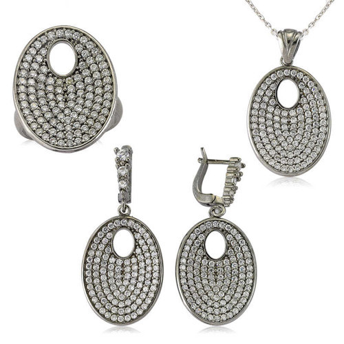 Gümüş Beyaz Taşlı Oval Bayan Set SL2295