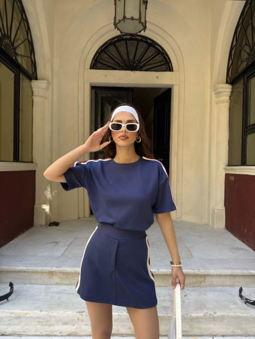 Osy Modal Yumuşak Dokulu Kumaş Parçalı Bisiklet Yaka T-shirt Mini Şortlu Etek İkili Takım -Lacivert