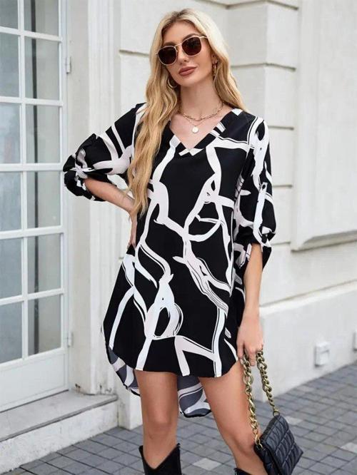 Kadın Uzun Kollu V Yakalı Desenli Dalgıç Elbise