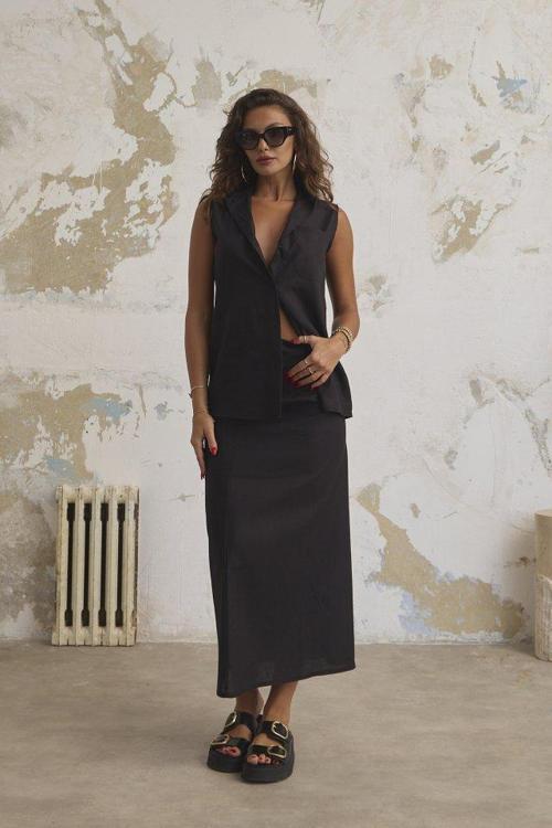 Keten Haki̇m Yaka Kolsuz Gömlek Etek Takim