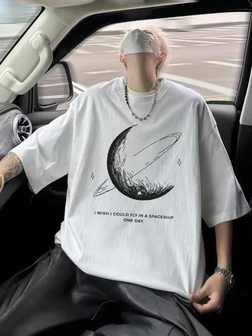 Baskılı Oversize Bisiklet Yaka T-shirt - Beyaz